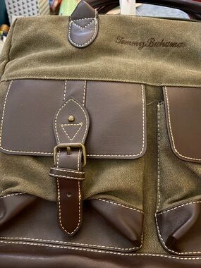Tommy Bahama Olive and Brown Canvas/Leather Messenger Bag removable strap